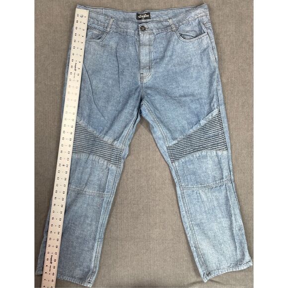 Moto Biker Jeans Mens 44‎ BluebLight Wash Straight Leg Distressed Stitch Detail - Picture 4 of 11
